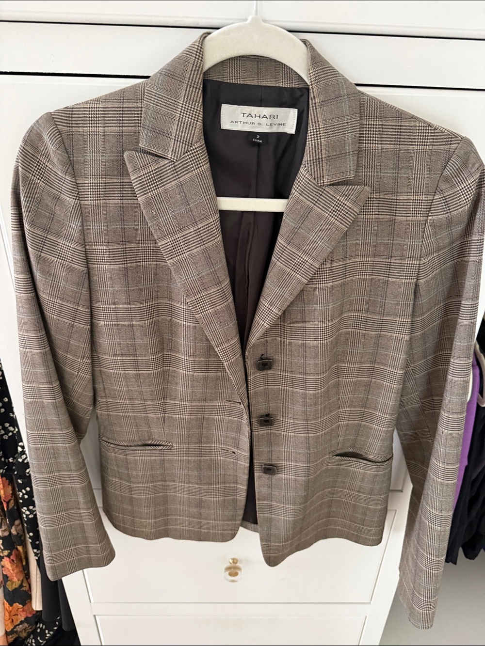 Tahari Tan and Brown Plaid Blazer - Structured Notch Lapel